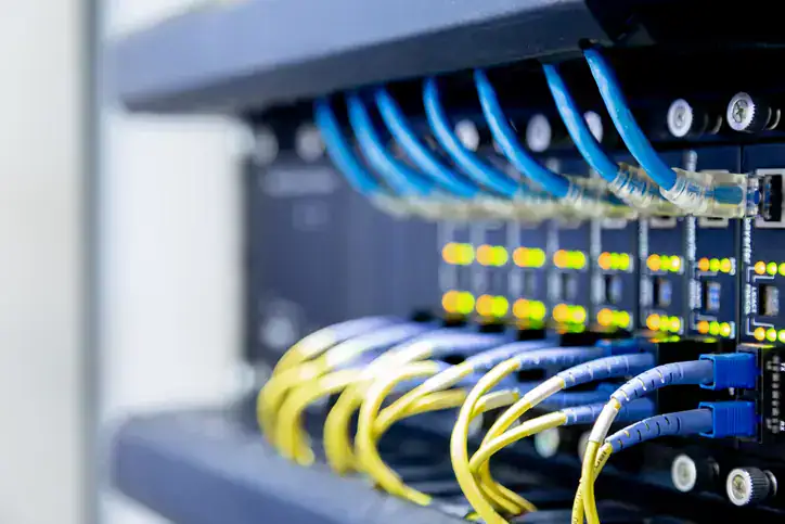 Nærbilde av en elektrisk koblingsboks med blå og gule kabler, som viser installasjon av en elbillader for trygg og effektiv lading av elbiler.