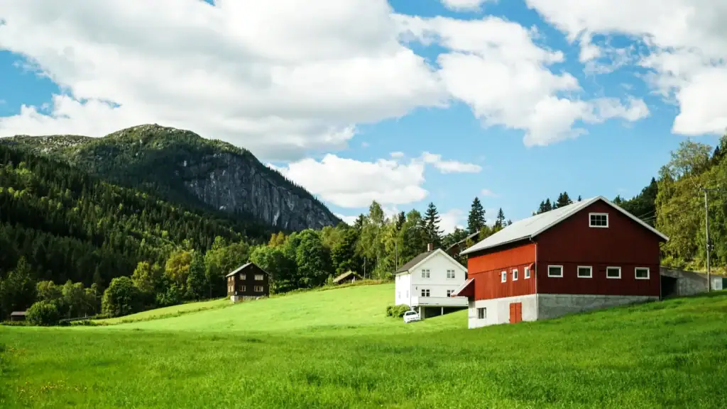 Et idyllisk landbrukslandskap med gårder, grønne åkrer og fjell i bakgrunnen, som illustrerer landbrukets rolle i norsk landbruk og landlige livsstil.
