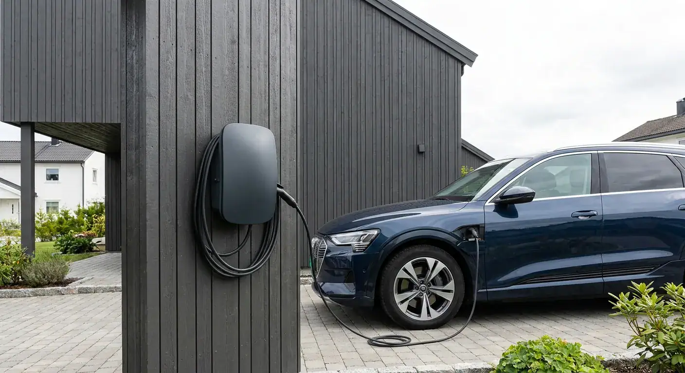 Elbil-ladestasjon installert utendørs med ladekabel til elbil, forenkler lading av elektriske kjøretøy hjemme eller på arbeidsplassen.