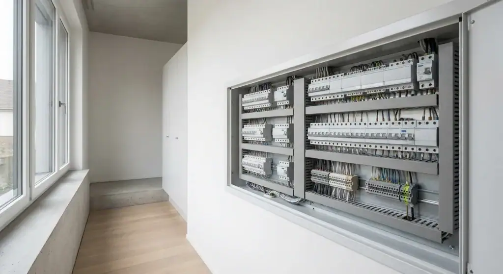 Elektrisk tavle med sikringsskap og ledningsnett for boliginstallasjon.