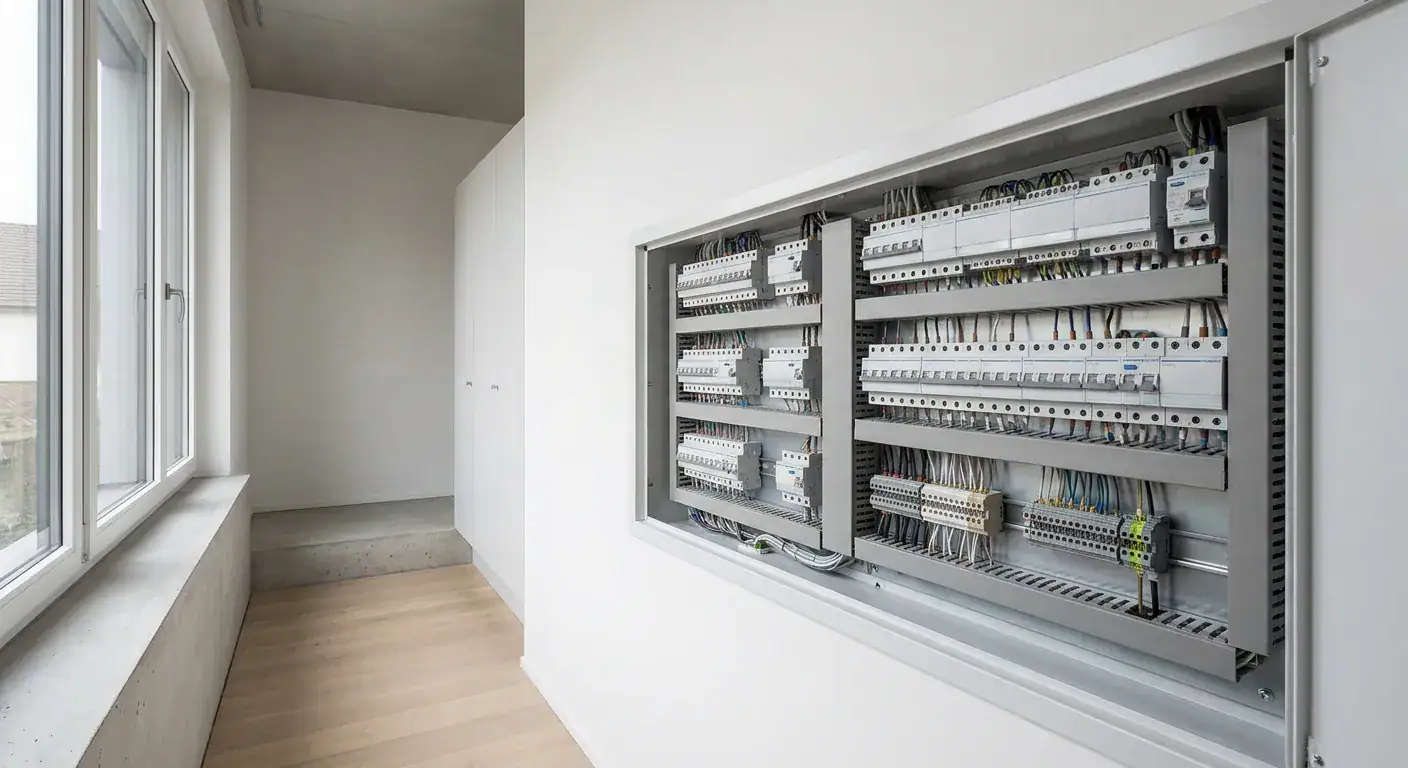 Elektrisk tavle med sikringsskap og ledningsnett for boliginstallasjon.