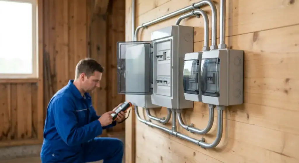 Elteknikk elektriker som jobber med elektriske installasjoner og vedlikehold i et tømret rom med elektriske tavler og ledninger.