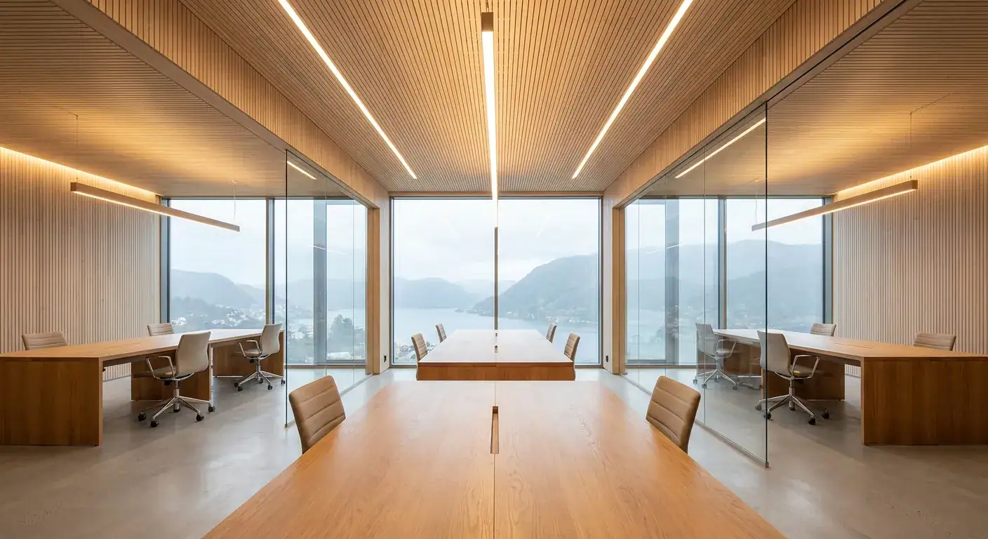 Et lyst og moderne konferanserom med store vinduer som viser fjellandskap, innredet med trebord og komfortable stoler, ideelt for møter og presentasjoner.
