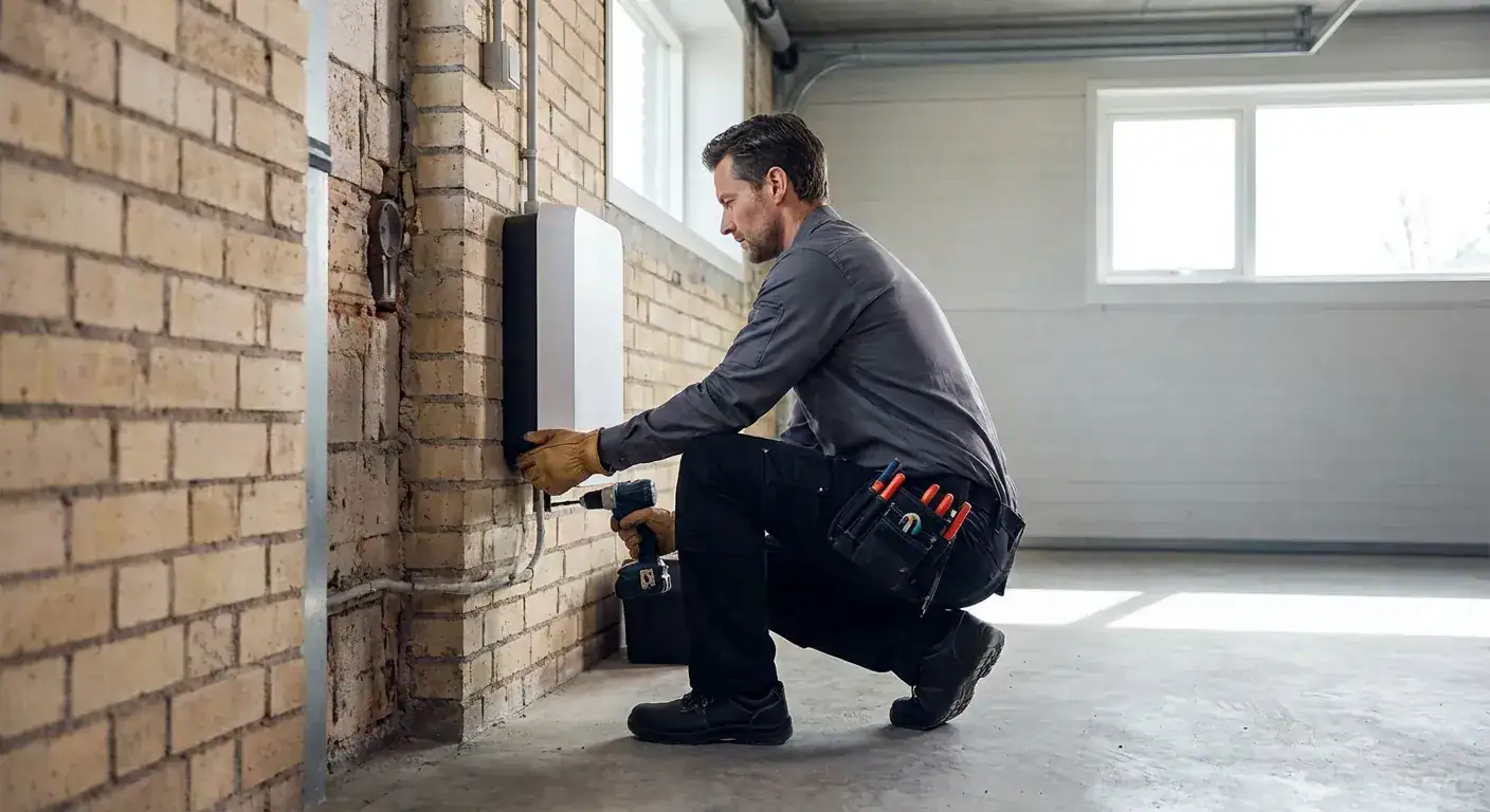 Elektriker installerer elektrisk utstyr i et nybygg, med fokus på sikkerhet og kvalitet.