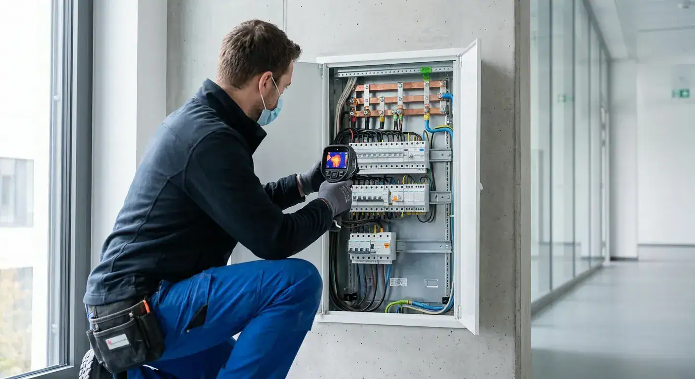 En profesjonell elektriker som bruker et termokamera for å sjekke etter varmgang i en koblingsboks