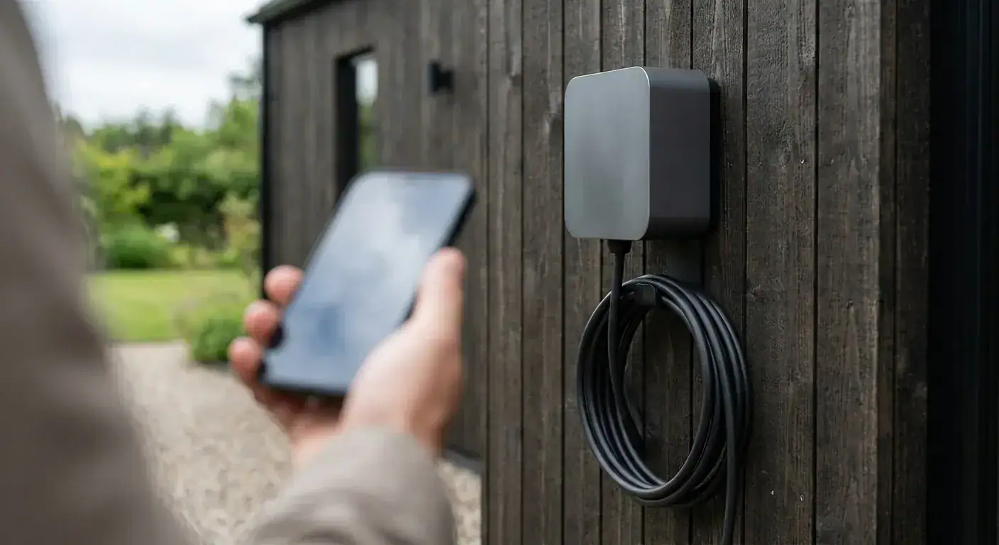 Person som bruker smarttelefon foran en utendørs elektrisk installasjon på en trevegg, som viser utendørs elektriske løsninger og overvåkning for boliger.