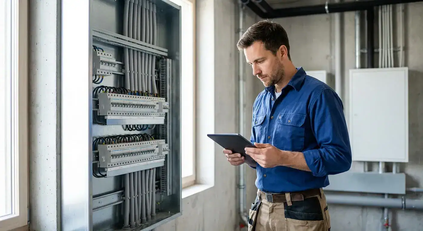 En elektriker som programmerer et belysningsanlegg via et nettbrett i et teknisk rom
