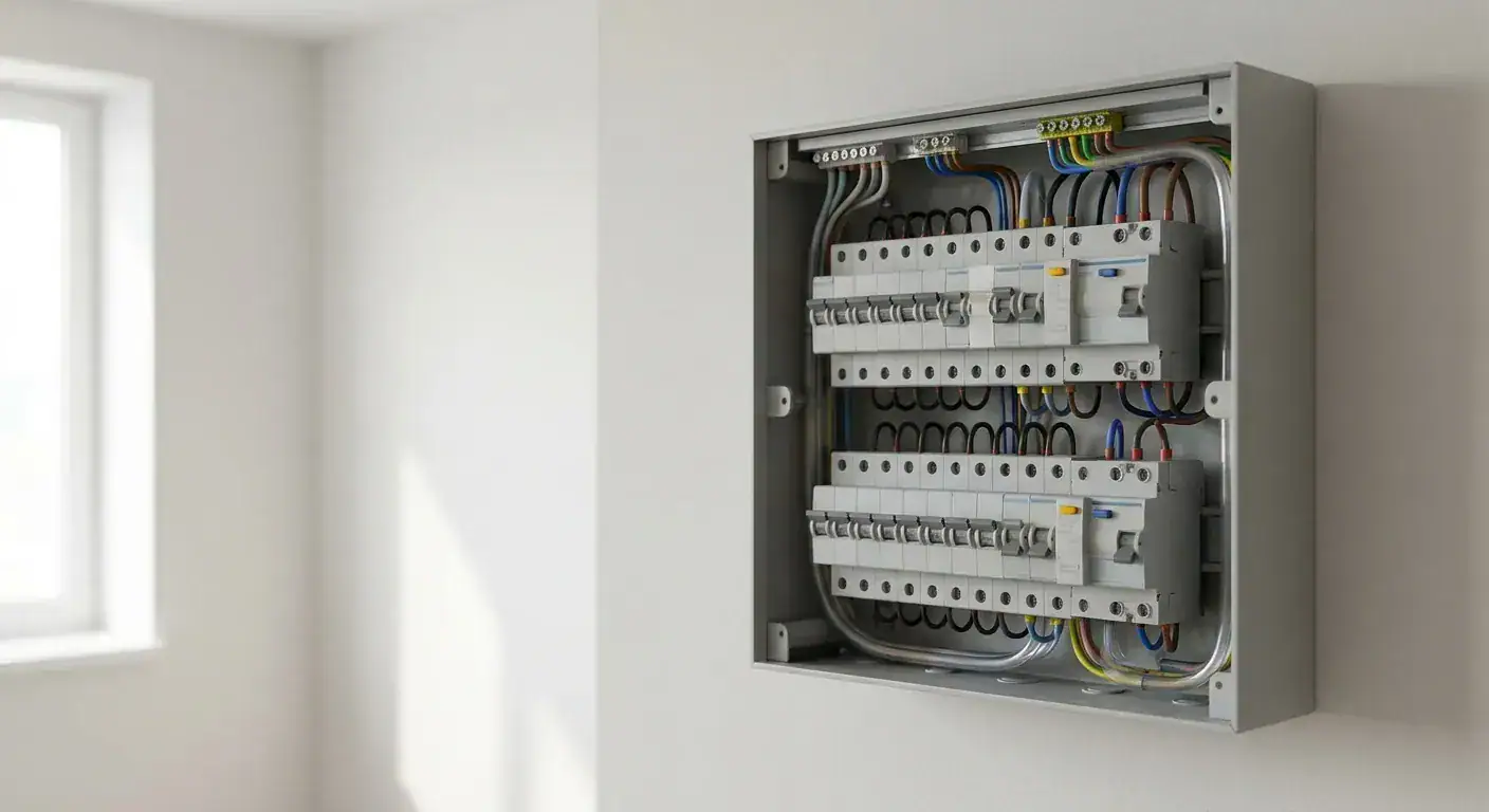 En moderne sikringsskap med oversiktlige automatsikringer og tydelig merking