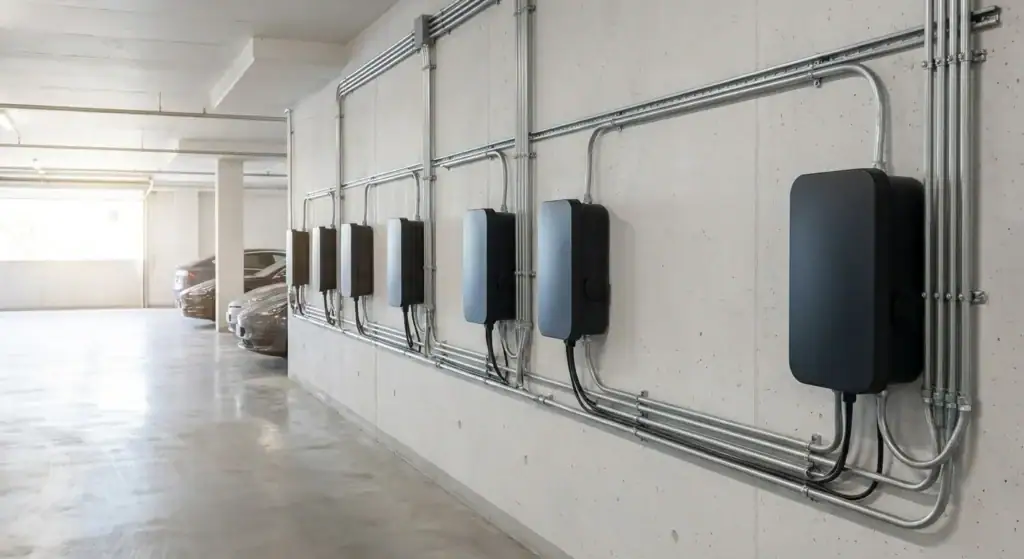 Elektriske kontrollbokser og ledninger installert på en industriell vegg, del av Elteknikk sine elektriske løsninger.