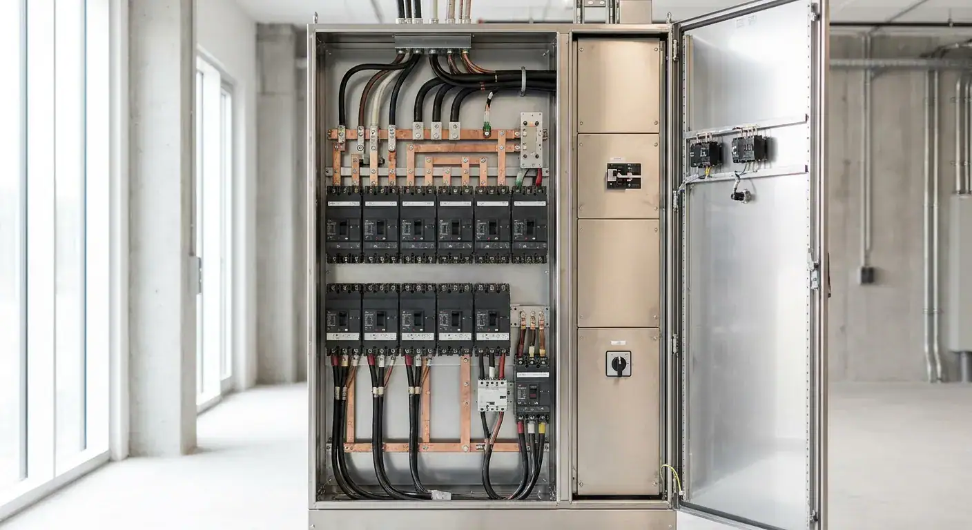 Elektrisk fordelingsskap med sikringer og koblingsutstyr i et nybygg, brukt til å fordele elektrisk kraft i bygningen.