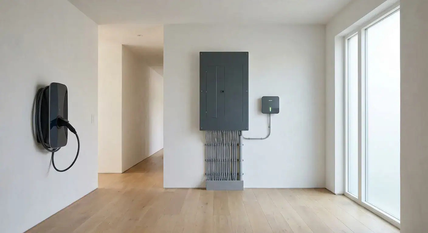 Moderne elektrisk installasjon med sikringsskap, koblingsbryter og ledninger i et nybygd hjem, fokus på elektrisk sikkerhet og installasjonstjenester.