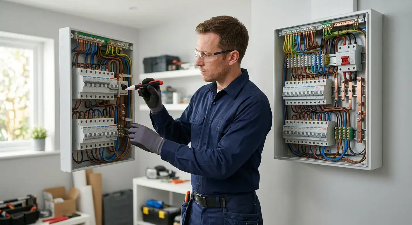 Elektriker installerer og vedlikeholder elektriske paneler i et moderne hjem, med fokus på sikkerhet og pålitelighet i elektriske systemer.