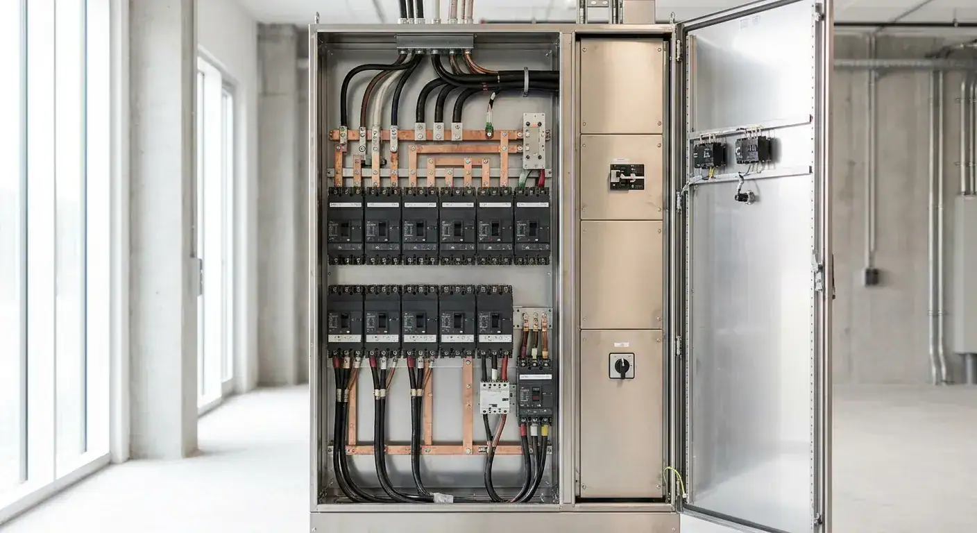Elektrisk fordelingsskap med sikringer og koblingsutstyr, brukt i industrielle elektriske installasjoner, levert av Elteknikk.