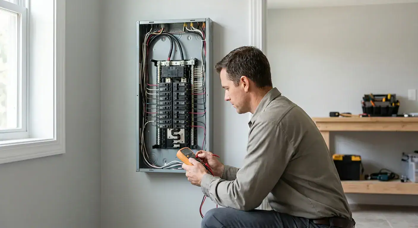 Elektriker undersøker sikringsskap med multimeter i et moderne hjem, for å sikre riktig elektrisk installasjon og vedlikehold.