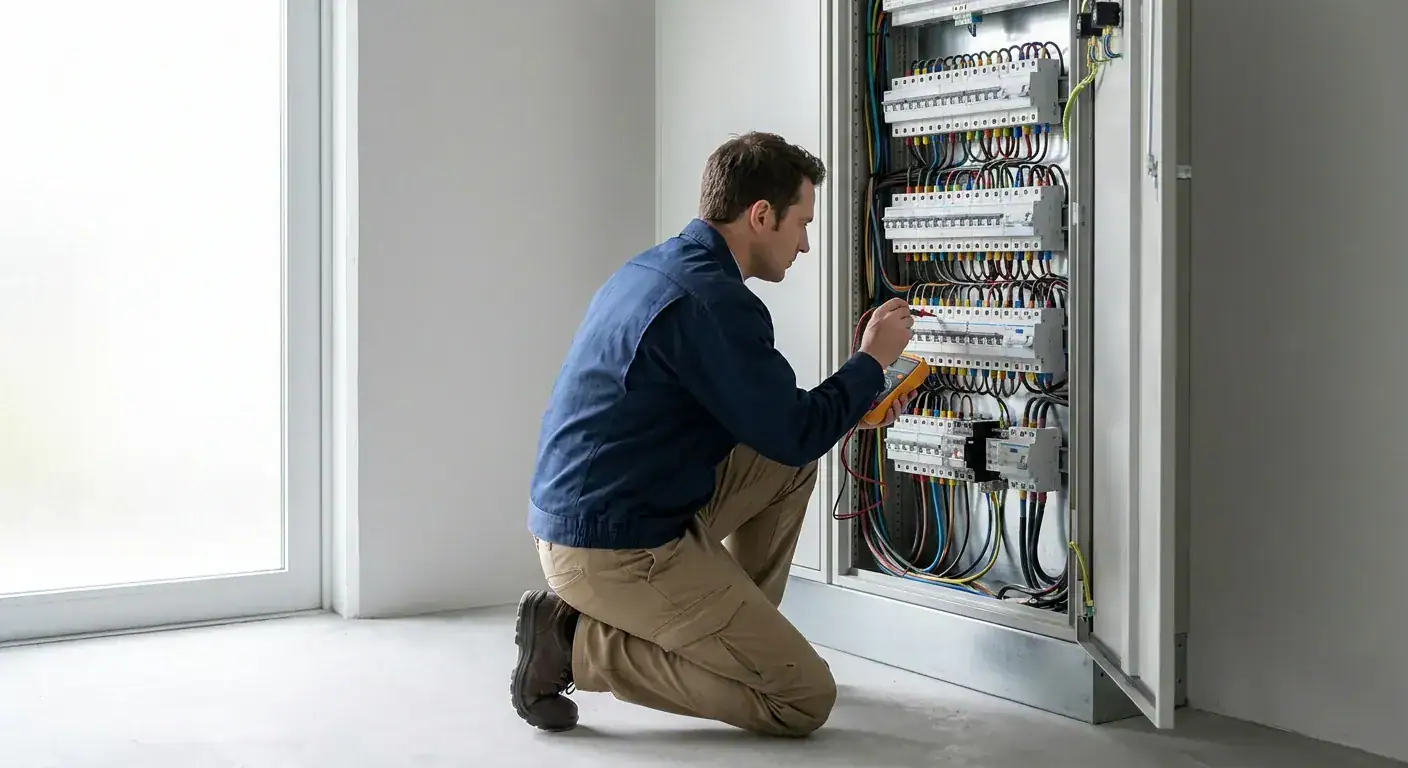 Elektriker inspiserer og vedlikeholder elektriske tavler for å sikre sikkerhet og funksjonalitet i bygninger, med fokus på elektrisk installasjon og vedlikehold.