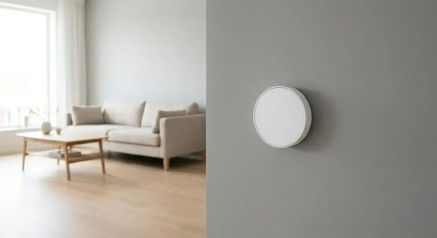 En moderne hvit smart-termostat montert på en minimalistisk grå vegg i et nordisk hjem