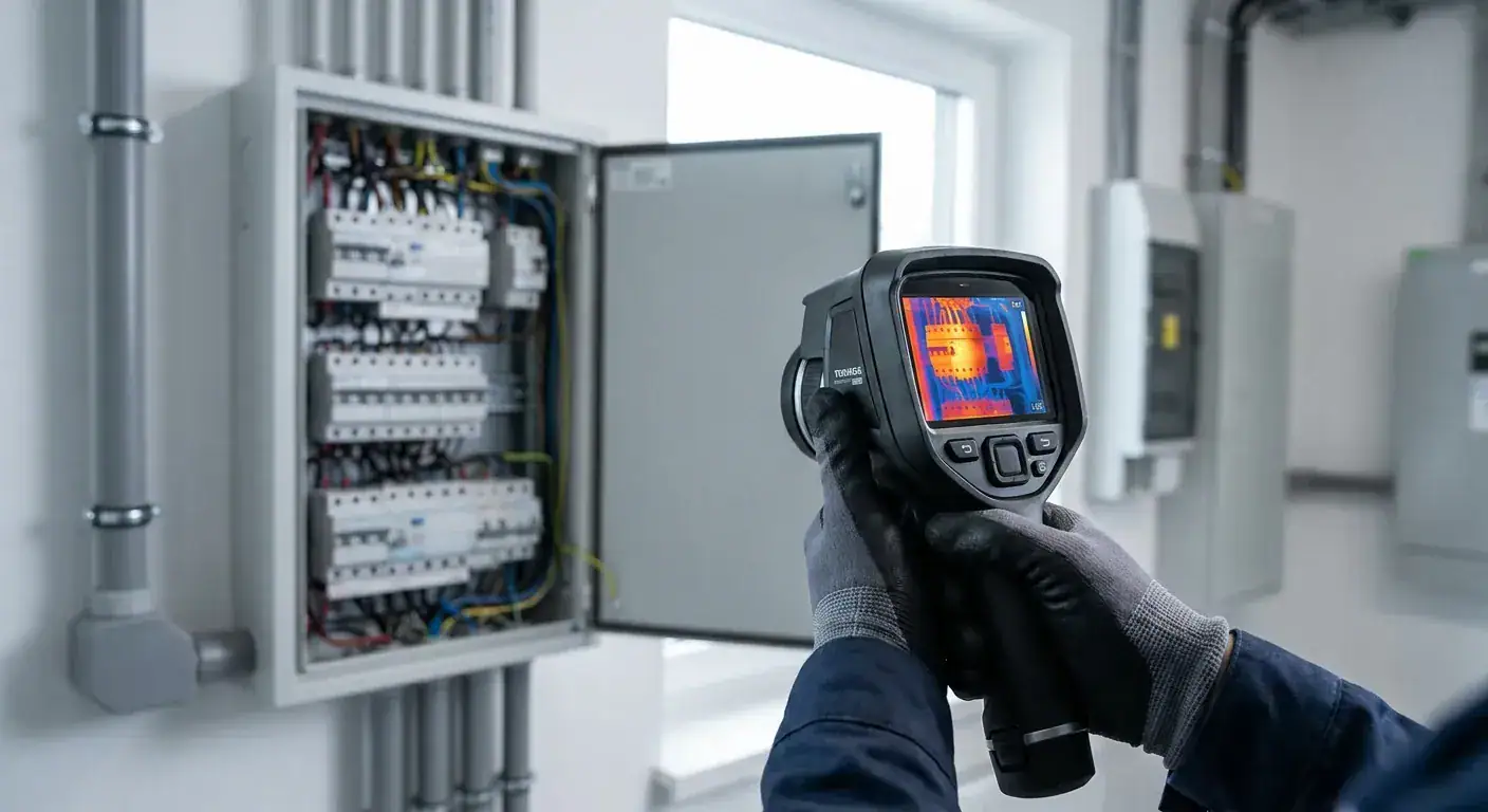 En elektriker som holder et profesjonelt varmesøkende kamera rettet mot et åpent sikringsskap med mange sikringer