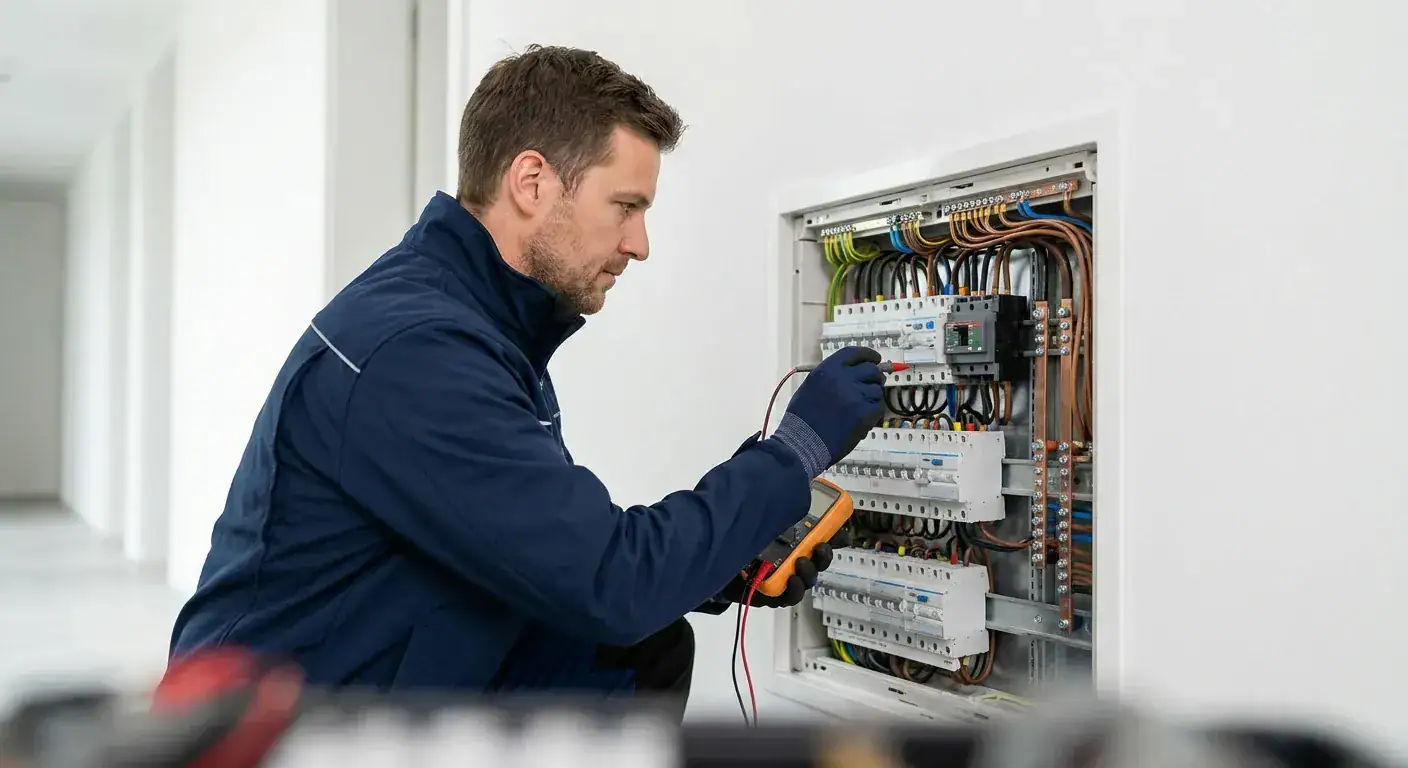 Elektriker inspiserer og vedlikeholder elektriske installasjoner i en elektrisk tavle for optimal funksjon og sikkerhet.