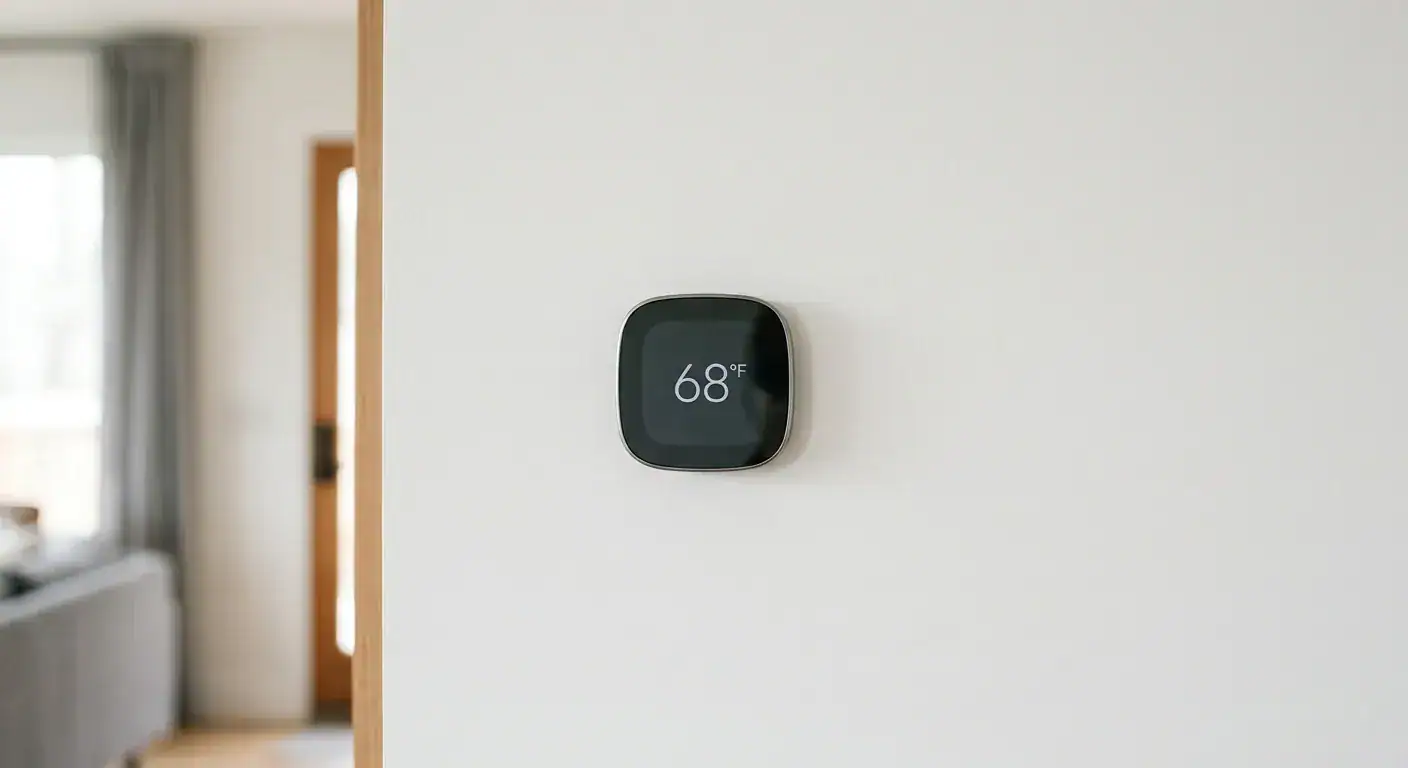 Digital smart termostat montert på vegg, viser 68°F, brukt til energieffektiv oppvarming i hjemmet.