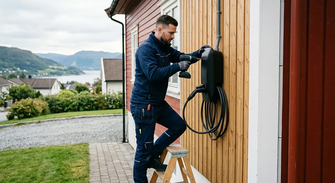 Elektriker installerer utendørs ladepunkt for elbil på en trevegg i et boligområde med utsikt over vann og fjell i bakgrunnen.