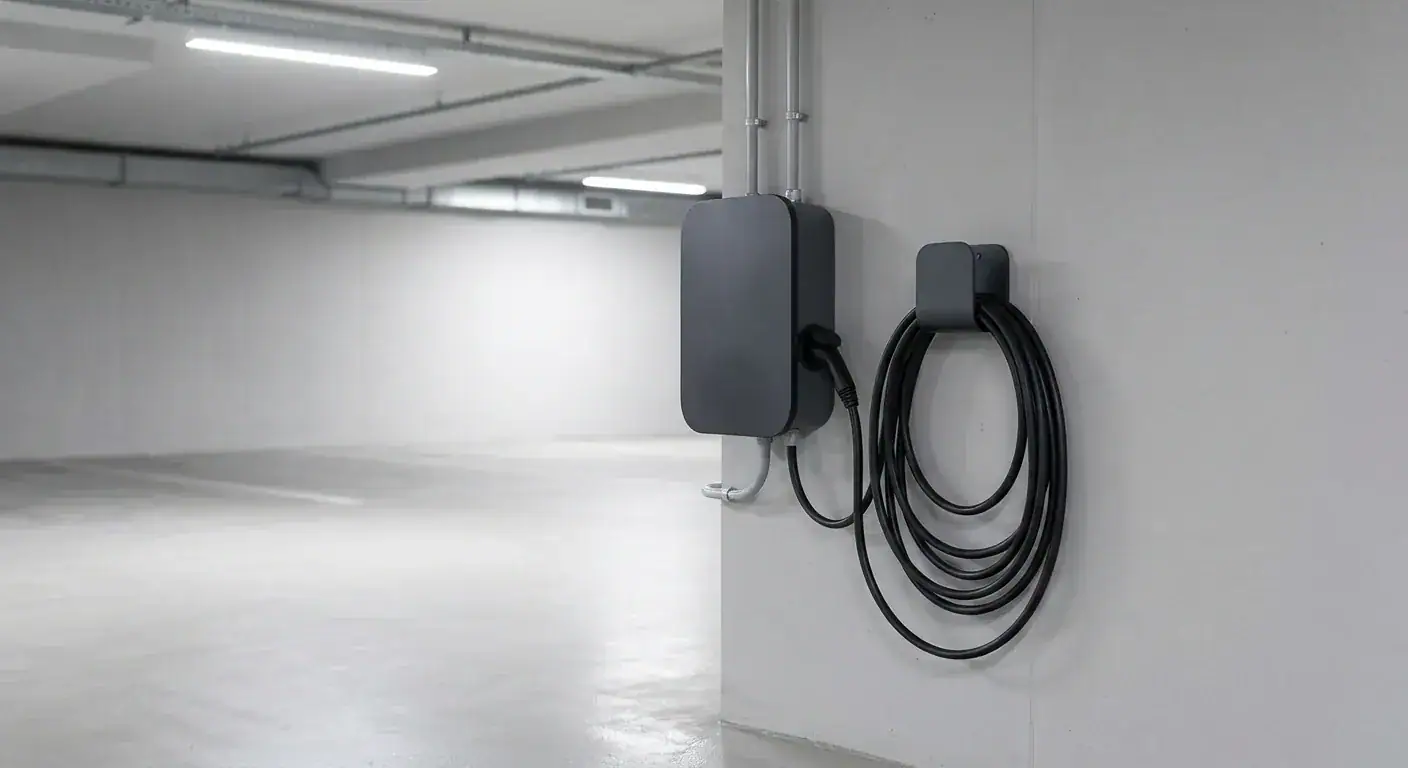En oversiktlig og moderne lader installert på en betongvegg i et lyst parkeringshus