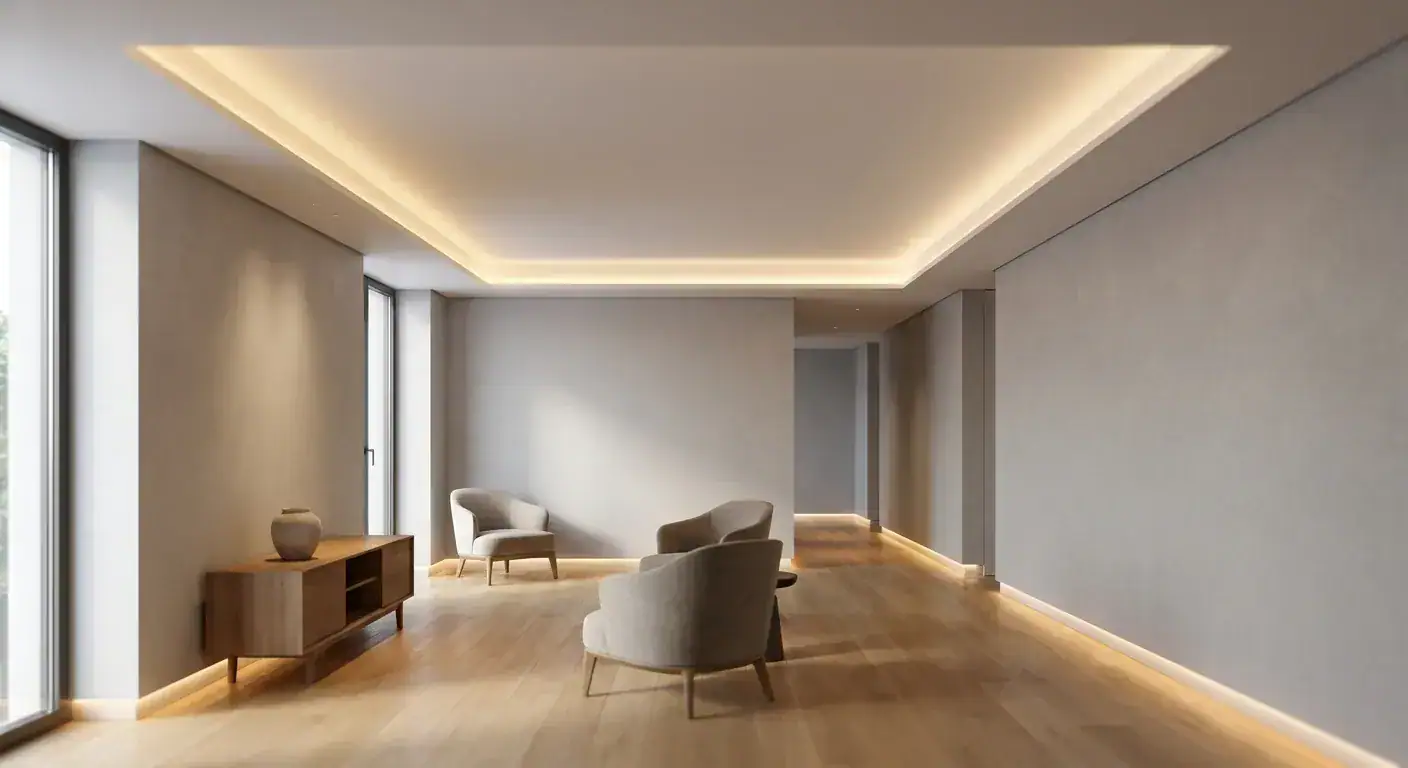 Et moderne, minimalistisk interiør med varm LED-belysning integrert i taket og langs gulvet