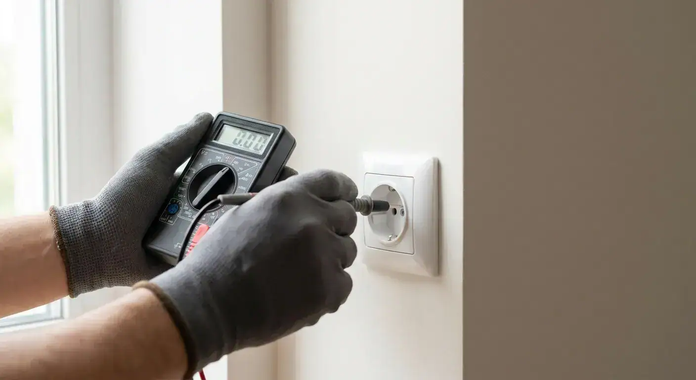 Elektriker bruker multimeter for å teste en stikkontakt i en innendørs setting, viktig for elektrisk sikkerhet og installasjon.