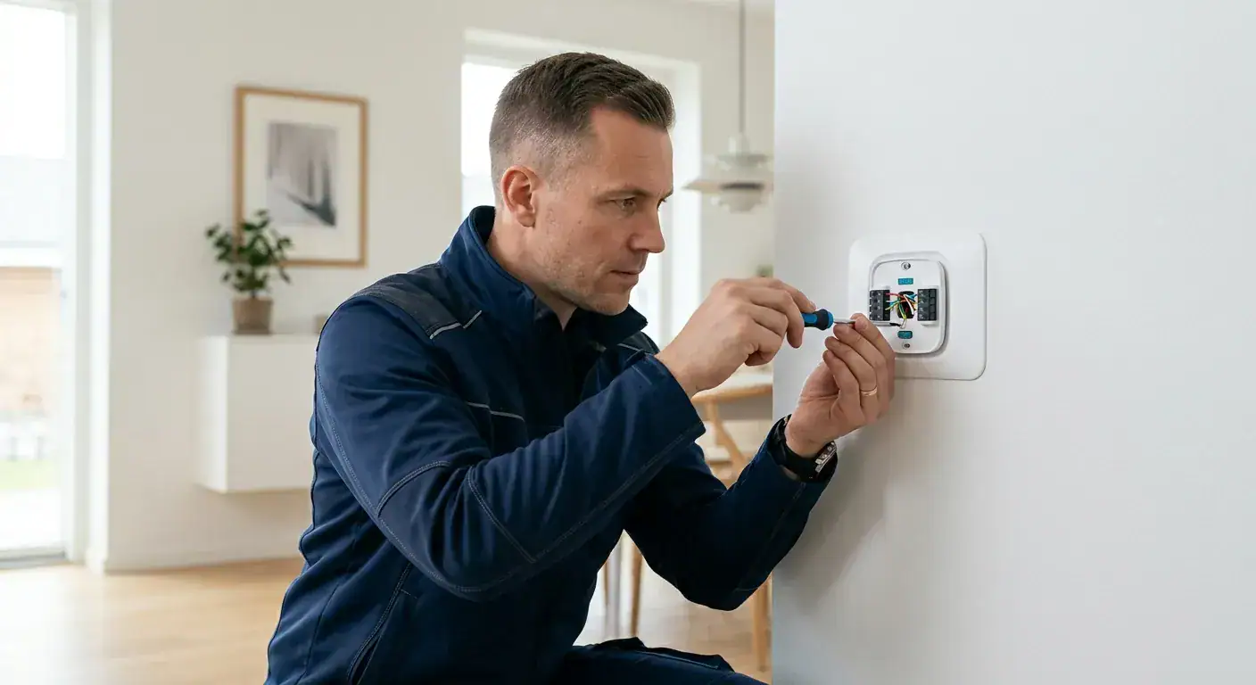 En profesjonell elektriker i arbeidsklær som installerer og kobler til en ny termostat på en vegg i en moderne bolig
