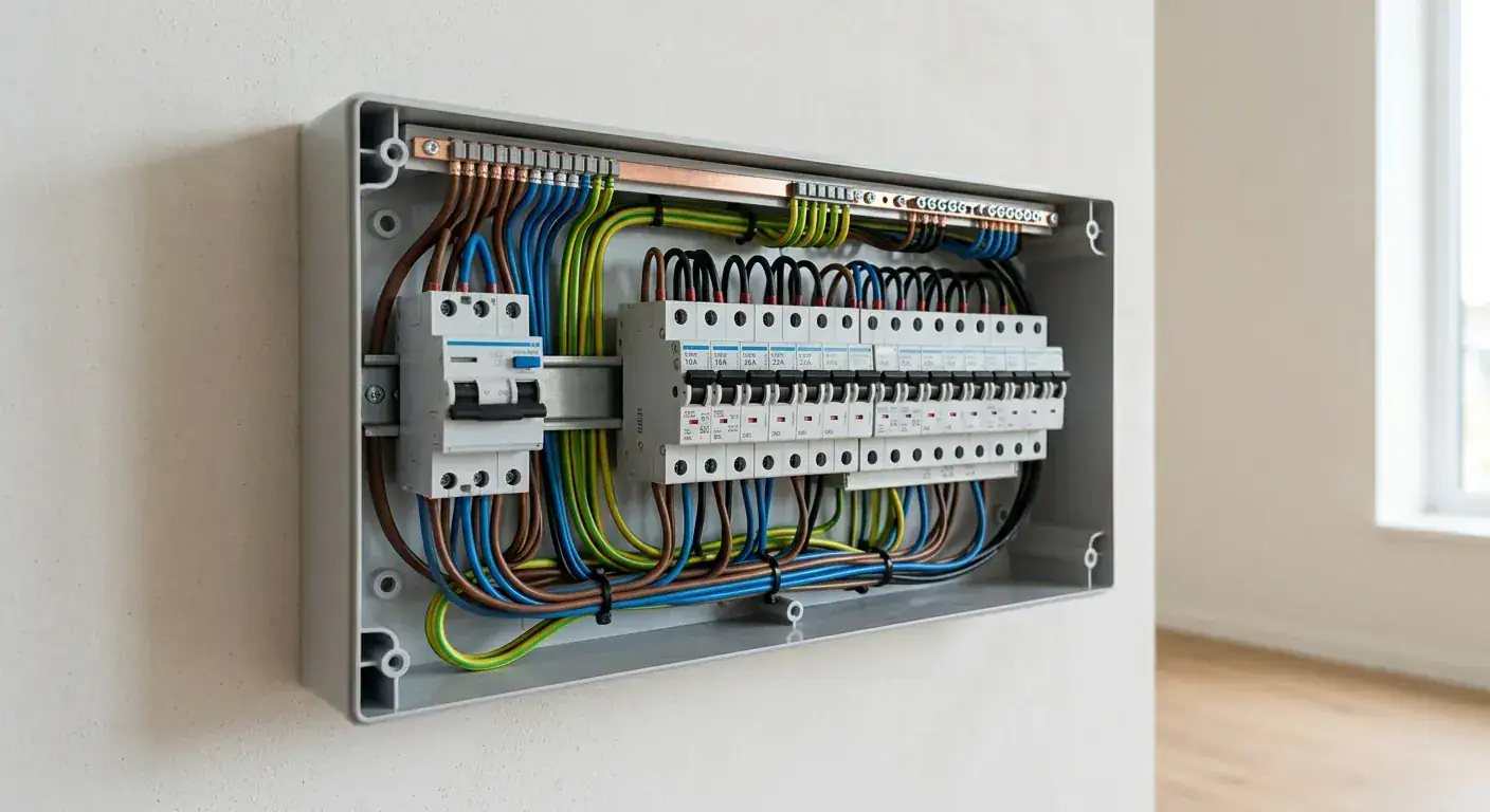 Elektrisk koblingsboks med ledninger og sikringer, brukt til elektrisk installasjon i bygninger, vist i et moderne hjem.