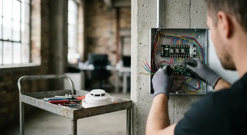 Elektriker installerer og vedlikeholder elektriske systemer i et industrielt bygg, med fokus på sikkerhet og pålitelighet.