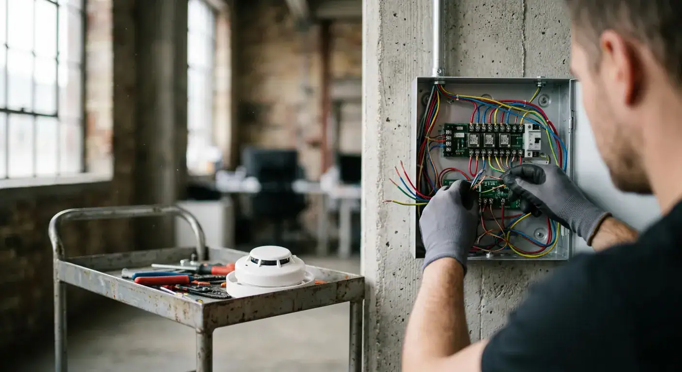 Elektriker installerer og vedlikeholder elektriske systemer i et industrielt bygg, med fokus på sikkerhet og pålitelighet.