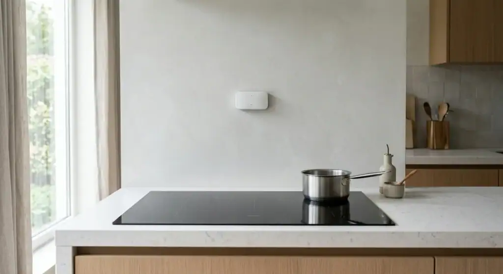 Moderne kjøkken med induksjonstopp, kjøkkenutstyr og naturlig lys, fokus på elektriske installasjoner og kjøkkendesign for optimal funksjonalitet.