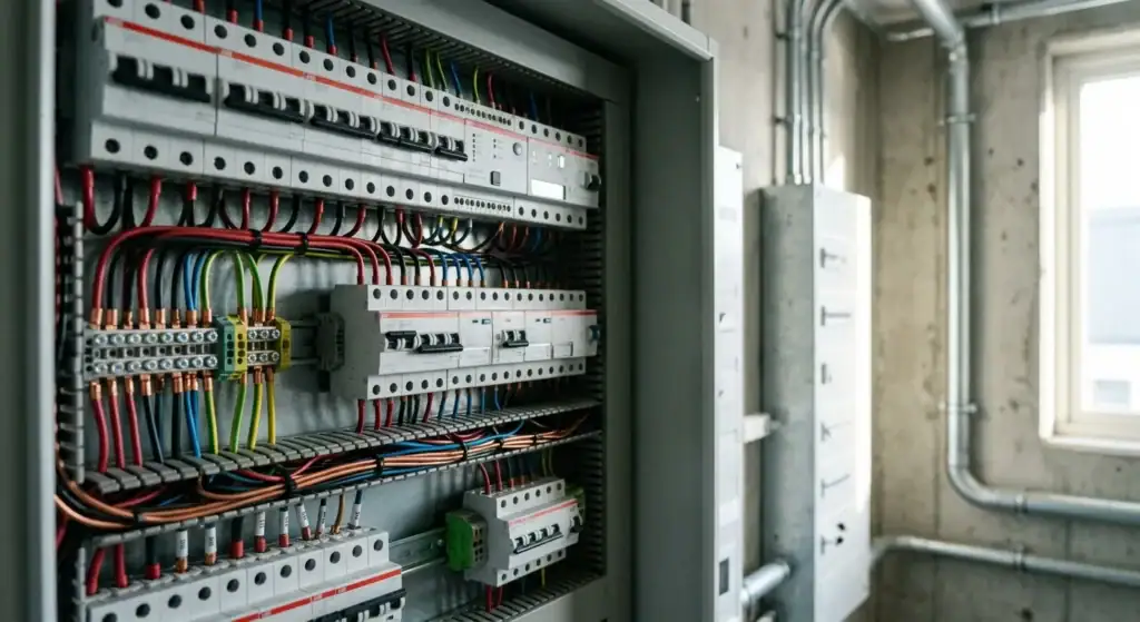 Elektrisk tavle med kabler, sikringer og ledninger i et industrielt miljø, brukt til elektrisk installasjon og vedlikehold.