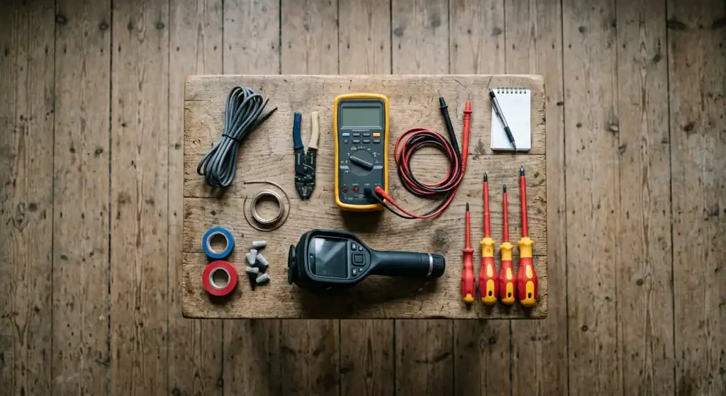 Elektriker verktøy og måleinstrumenter som multimeter, skrutrekkere, isolasjonstester og ledninger på treplate, brukt til elektrisk installasjon og vedlikehold.