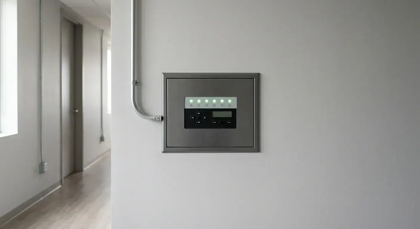 A clean, modern fire alarm control panel mounted on a light gray wall in a commercial building corridor, with green status lights illuminated indicating a healthy system