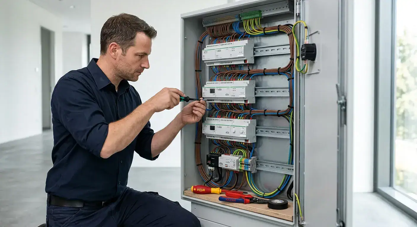 Elektriker installerer og vedlikeholder elektriske systemer i en moderne bygning, med fokus på sikkerhet og pålitelighet.