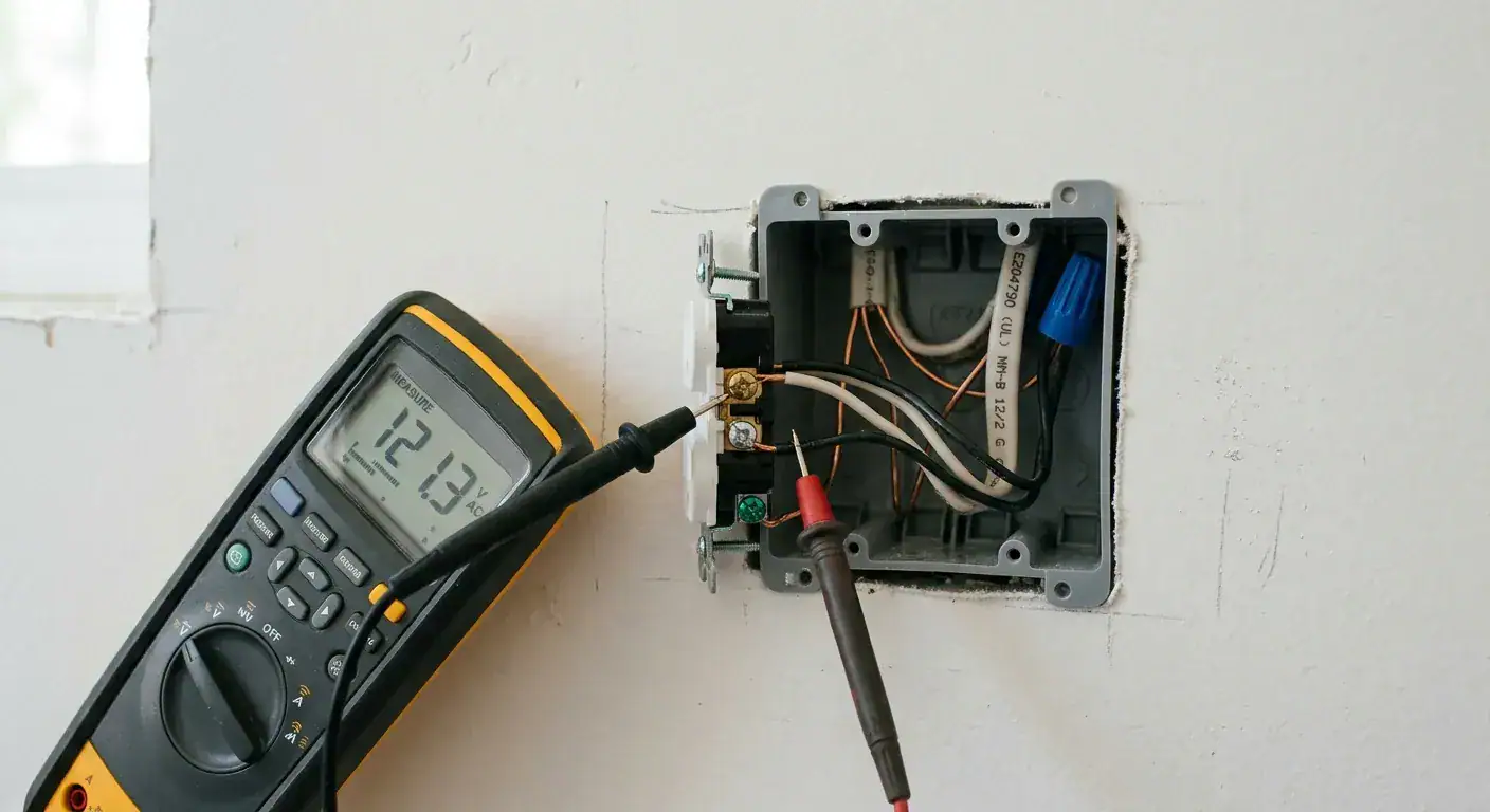 A professional electrician in workwear using a digital multifunction tester to check the voltage and ground connection of a wall socket inside a residential living room