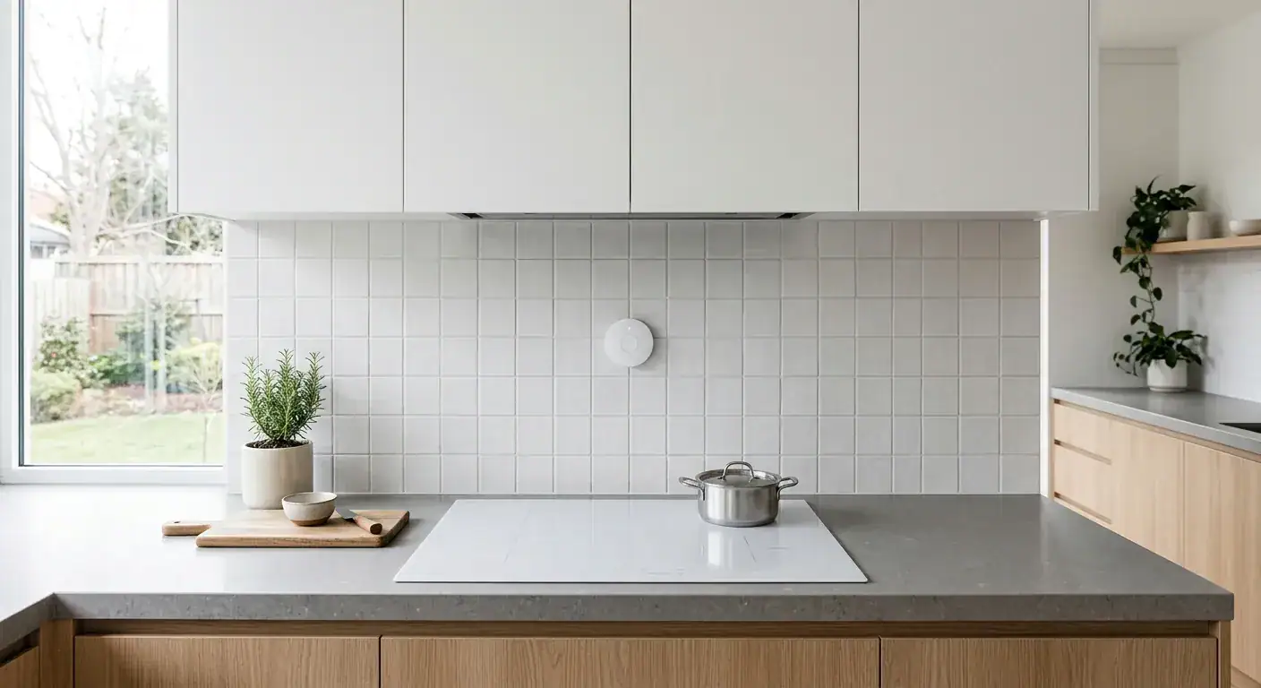 Elegant kjøkken med hvite skap, grå benkeplate, og naturlig lys, perfekt for moderne hjem og matlaging.