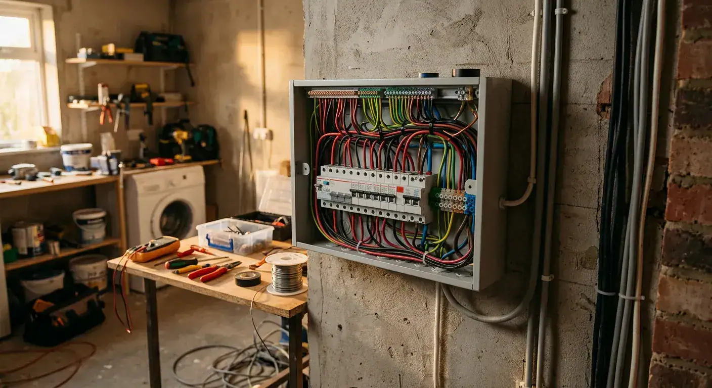 An electrician's hand carefully tightening a wire connection terminal inside an open electrical panel using an insulated screwdriver