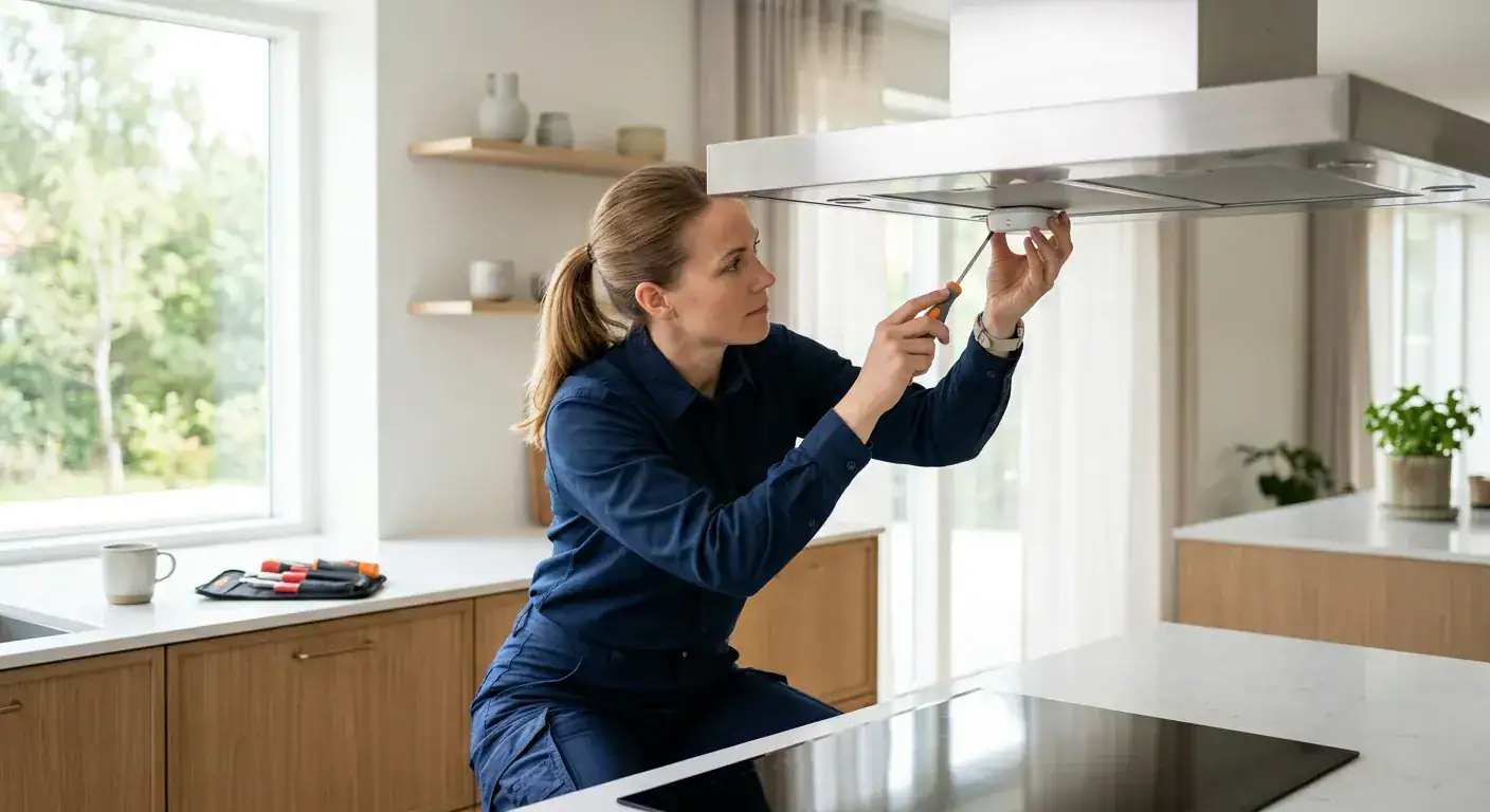 Kvinne installerer en kjøkkenventilator i et moderne kjøkken med naturlig lys og grønne omgivelser utenfor vinduet.
