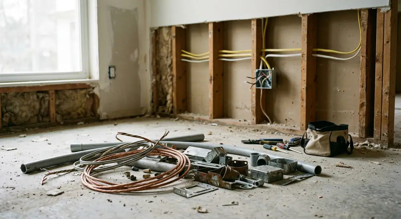 Elektrikerarbeid under installasjon av elektriske ledninger i et rom med åpent vegg, verktøy og kabler på gulvet, klar for installasjon.