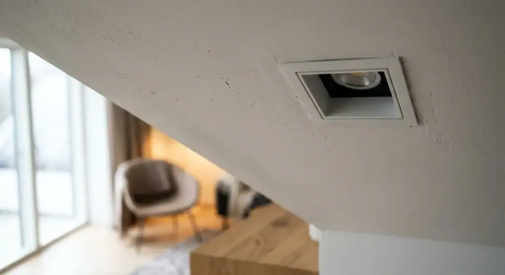 Moderne innendørs belysning installert i taket, med fokus på energieffektivitet og design, i et hjem med komfortabel stue i bakgrunnen.
