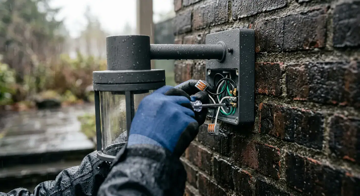 Elektriker installerer og vedlikeholder utendørs elektriske systemer på en murvegg, med fokus på sikkerhet og kvalitet i elektrisk arbeid.