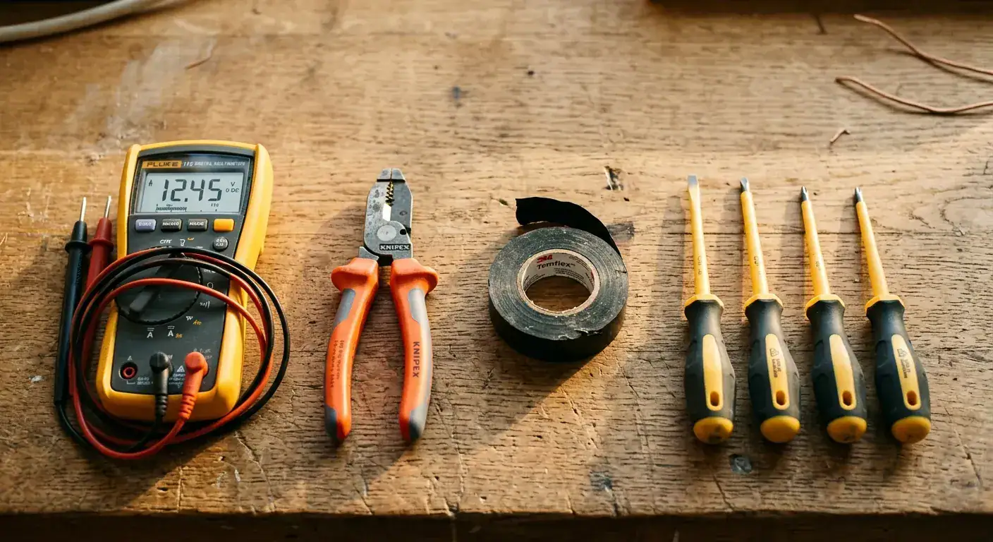 Elektrikerverktøy inkludert multimeter, avbiter, isolasjonstape og skrutrekkere på en trebenk, brukt til elektrisk installasjon og vedlikehold.