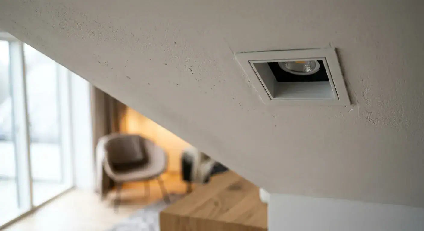 Innfelt LED-lys i taket på et moderne hjem, med en komfortabel stue i bakgrunnen, fokus på energieffektiv belysning og interiørdesign.