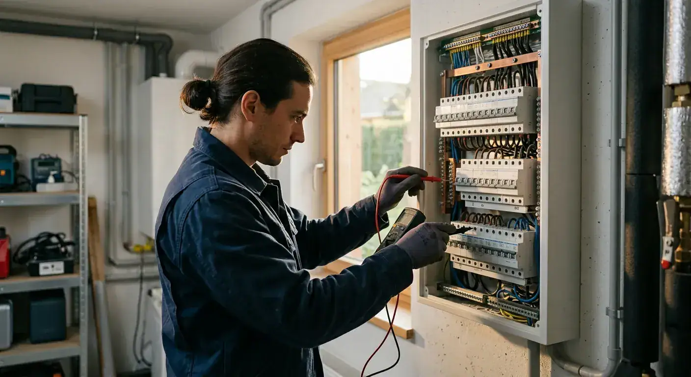 Elektriker inspiserer og vedlikeholder elektrisk tavle i et moderne teknisk rom, med fokus på sikkerhet og pålitelighet i elektriske installasjoner.
