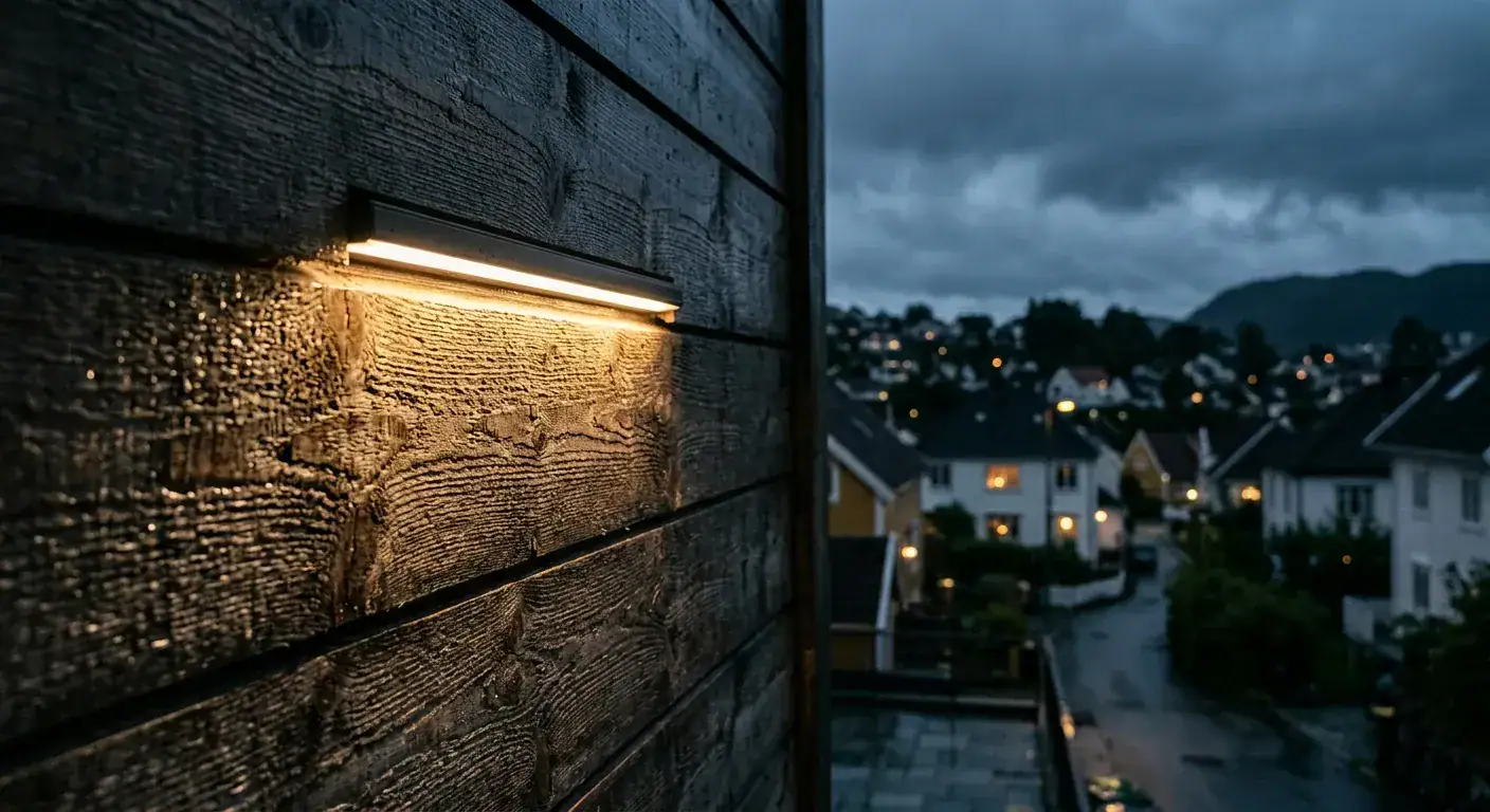 En moderne enebolig i Bergen med stilfull, integrert fasadebelysning som lyser opp mørke trefasader en regntung kveld