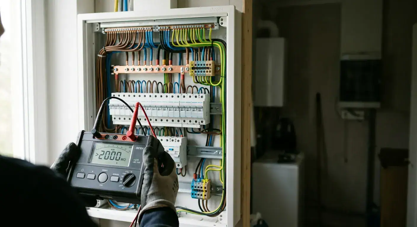 En autorisert elektriker som bruker et profesjonelt måleapparat for å teste isolasjonsmotstanden i et ryddig, moderne sikringsskap