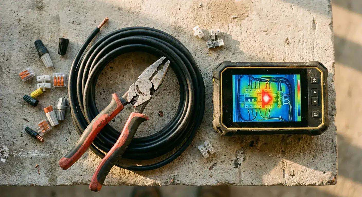 Elektrikerverktøy, kabel, og termisk kamera brukt til elektrisk inspeksjon og installasjon, representerer Elteknikk sine tjenester innen elektrisk arbeid.
