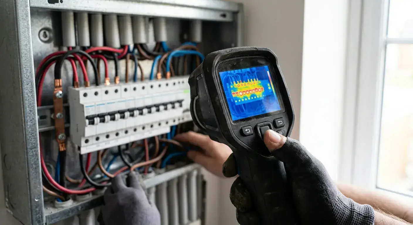 En autorisert elektriker som holder et termografikamera foran et åpent sikringsskap, der skjermen viser varme soner i fargene gult og rødt mot en ellers mørkeblå bakgrunn.
